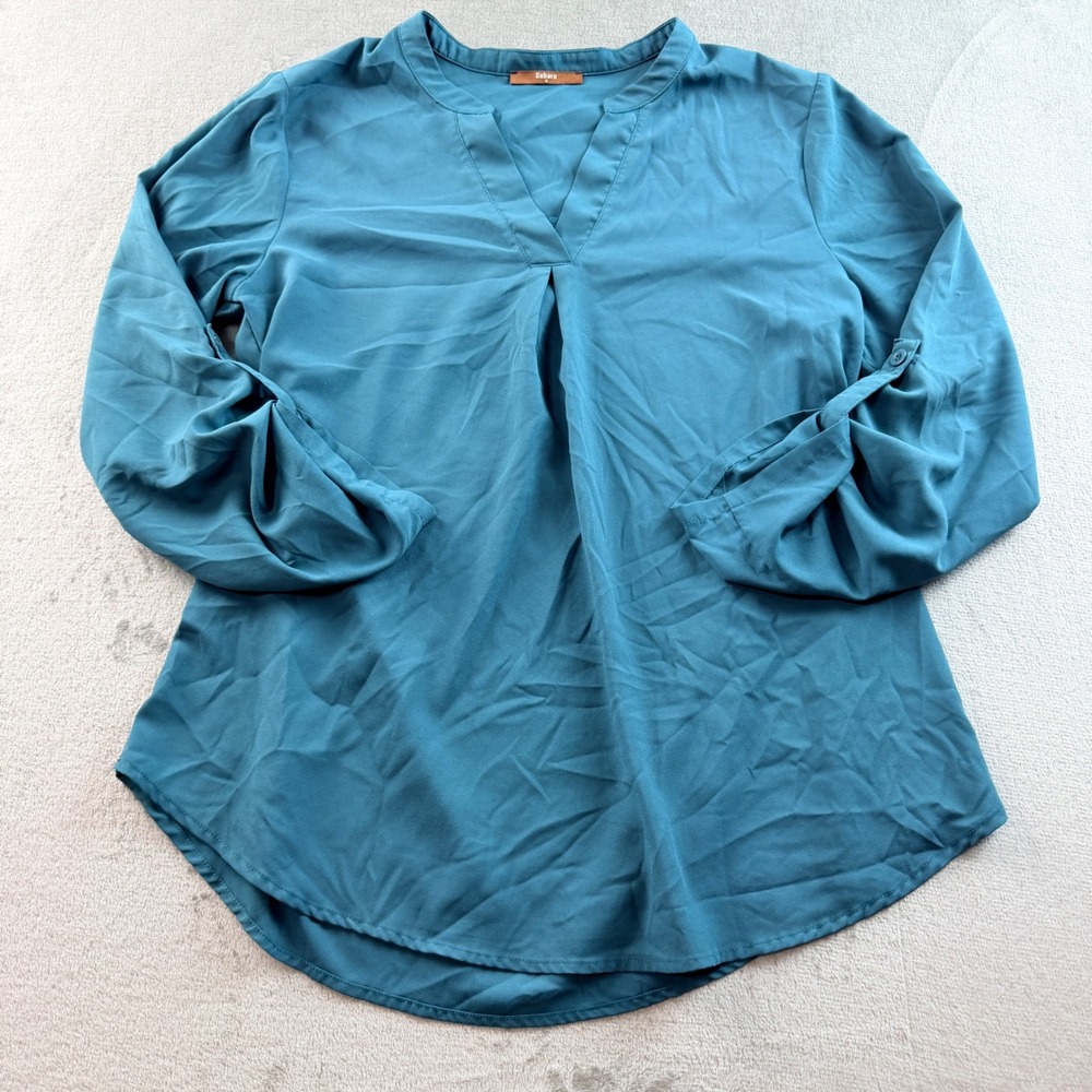 Gaharu Women's Medium Teal Blue V-Neck 3/4 Roll Tab Sleeve Blouse Top